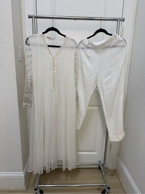 2 pcs long white chiffon Pakistani anarkali kurta with silk pants. Baroque